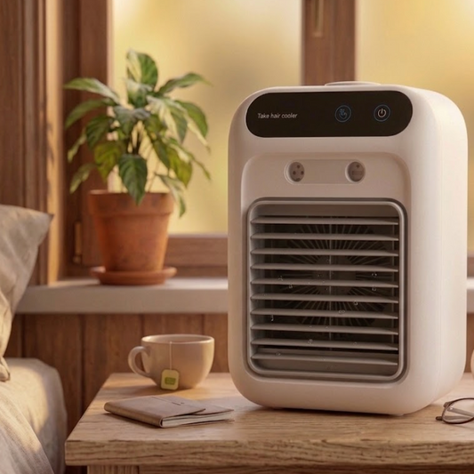 Portable air conditioner on a wooden table with a cup, plant, and clock in a room setting.